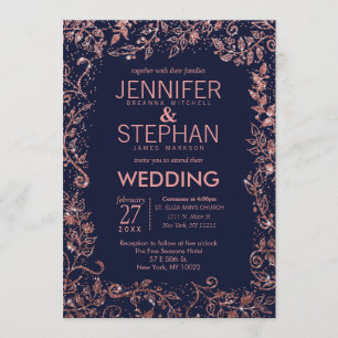 Navy Blue Roos Gold Floral Glitter Wedding Kaart