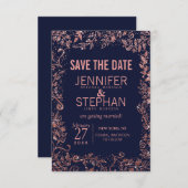 Navy Blue Roos Gold Floral Glitter Wedding Save The Date (Voorkant / Achterkant)