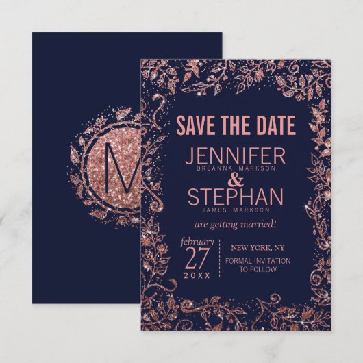 Navy Blue Roos Gold Floral Glitter Wedding Save The Date (Voorkant / Achterkant)