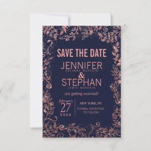 Navy Blue Roos Gold Floral Glitter Wedding Save The Date