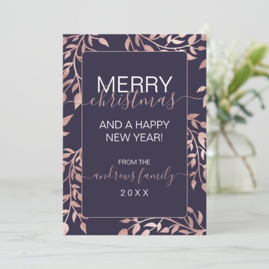 Navy Blue Roos Gold Floral laat kerst achter Feestdagenkaart (Staand voorkant)