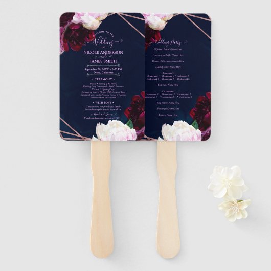 Navy Blue Roos Gold Floral Modern Glam Wedding Handwaaier (Voorkant en achterkant)