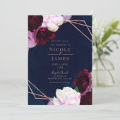 Navy Blue Roos Gold Floral Modern Glam Wedding Kaart (Staand voorkant)