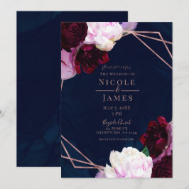 Navy Blue Roos Gold Floral Modern Glam Wedding Kaart