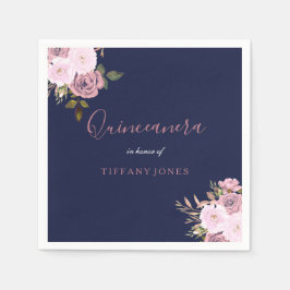 Navy Blue & Roos Gold Floral Quinceanera Party Servet