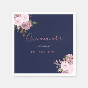 Navy Blue & Roos Gold Floral Quinceanera Party Servet