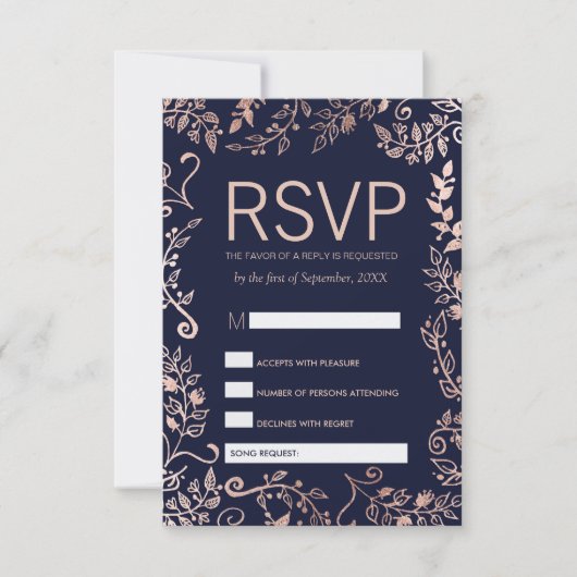 Navy Blue Roos Gold Floral RSVP en Song Request (Voorkant)