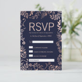Navy Blue Roos Gold Floral RSVP en Song Request (Staand voorkant)