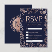 Navy Blue Roos Gold Floral RSVP en Song Request (Voorkant / Achterkant)