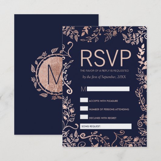 Navy Blue Roos Gold Floral RSVP en Song Request Kaartje (Voorkant / Achterkant)
