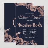 Navy Blue Roos Gold Floral Spaans Huwelijk Kaart (Voorkant / Achterkant)