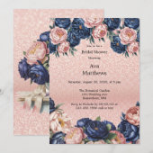 Navy Blue & Roos Gold Floral Vrijgezellenfeest Kaart (Voorkant / Achterkant)