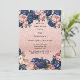 Navy Blue & Roos Gold Floral Vrijgezellenfeest Kaart