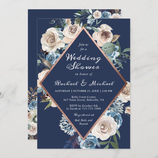 Navy Blue Roos Gold Floral Wedding Couples Shower Kaart (Voorkant / Achterkant)