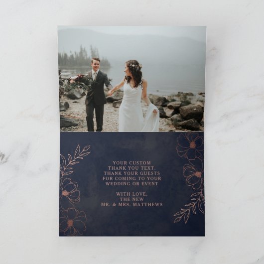 Navy Blue & Roos Gold Foil Aangepaste trouwfoto Bedankkaart (Binnen)