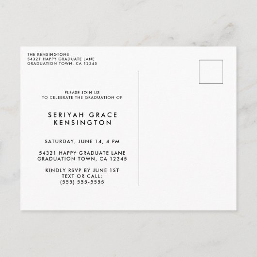 Navy Blue Roos Gold Foil Afstuderen Script Foto Aankondigingskaart (Achterkant)