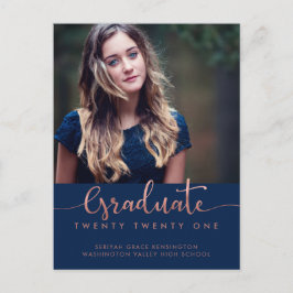 Navy Blue Roos Gold Foil Afstuderen Script Foto Aankondigingskaart