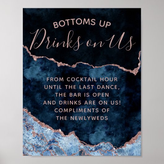 Navy Blue Roos Gold Foil Agate Open Bar Teken Poster (Voorkant)