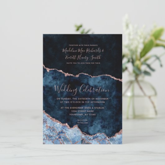 Navy Blue Roos Gold Foil Agate Wedding Invitations Save The Date (Staand voorkant)