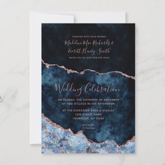 Navy Blue Roos Gold Foil Agate Wedding Invitations Save The Date (Voorkant)