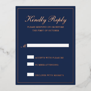 Navy Blue Roos Gold Foil Formal Wedding RSVP Kaart