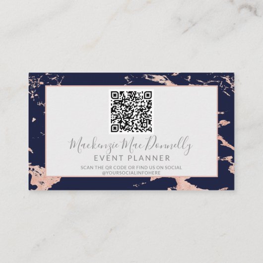 Navy Blue Roos Gold Foil marble Monogram QR Code Visitekaartje (Achterkant)