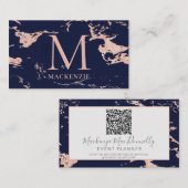 Navy Blue Roos Gold Foil marble Monogram QR Code Visitekaartje (Voorkant / Achterkant)