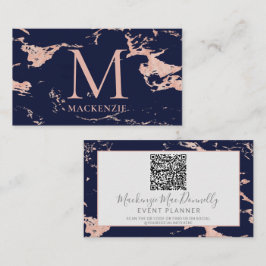 Navy Blue Roos Gold Foil marble Monogram QR Code Visitekaartje
