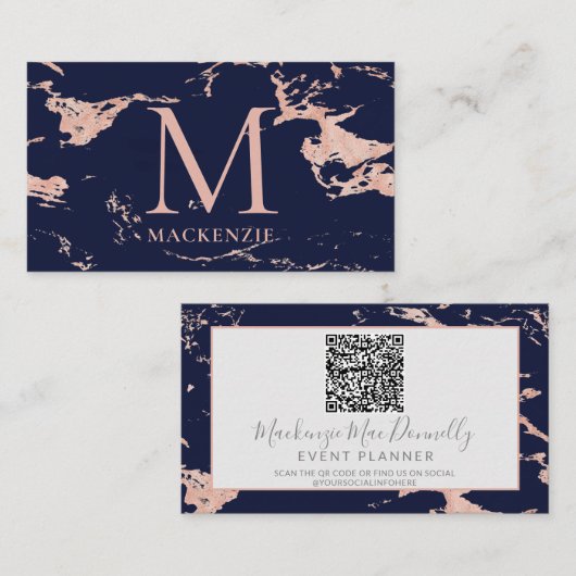 Navy Blue Roos Gold Foil marble Monogram QR Code Visitekaartje (Voorkant / Achterkant)
