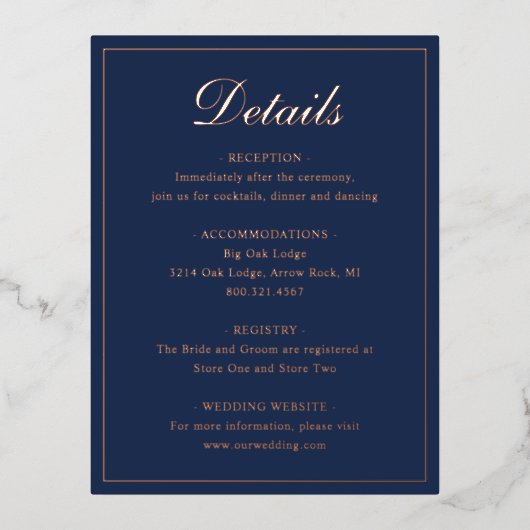 Navy Blue Roos Gold Foil Wedding Enclosure Kaart (Voorkant)