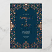 Navy Blue Roos Gold Foil Whimsical Wedding Folie Uitnodiging (Voorkant)