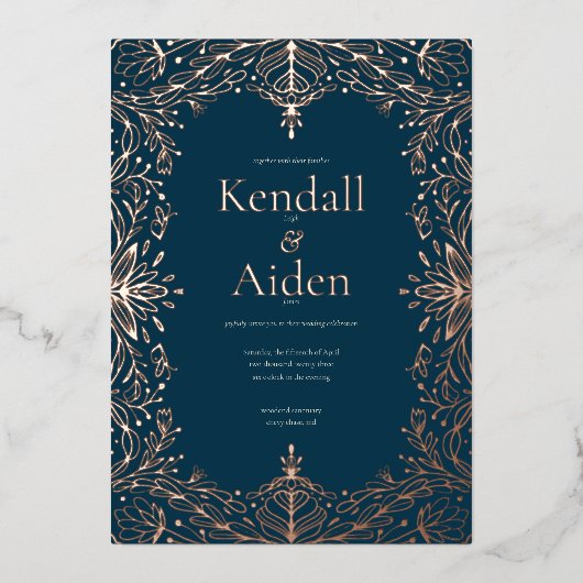 Navy Blue Roos Gold Foil Whimsical Wedding Folie Uitnodiging (Voorkant)