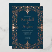Navy Blue Roos Gold Foil Whimsical Wedding Folie Uitnodiging (Voorkant / Achterkant)