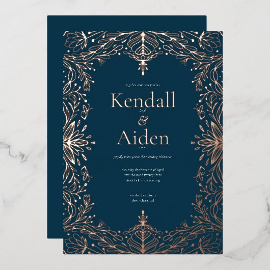 Navy Blue Roos Gold Foil Whimsical Wedding Folie Uitnodiging (Voorkant / Achterkant)