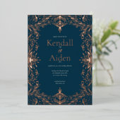 Navy Blue Roos Gold Foil Whimsical Wedding Folie Uitnodiging (Staand Voorkant)