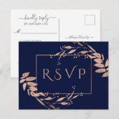 Navy Blue Roos Gold Foliage Wedding RSVP Briefkaar Briefkaart (Voorkant / Achterkant)