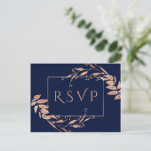Navy Blue Roos Gold Foliage Wedding RSVP Briefkaar Briefkaart (Staand voorkant)