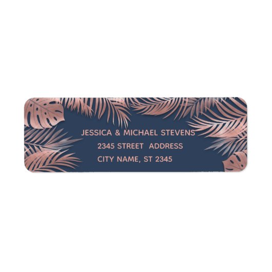 Navy blue roos Gold folie tropische bladeren roman Etiket (Voorkant)