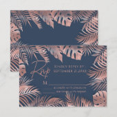 Navy blue roos Gold folie tropische bladeren roman RSVP Kaartje (Voorkant / Achterkant)