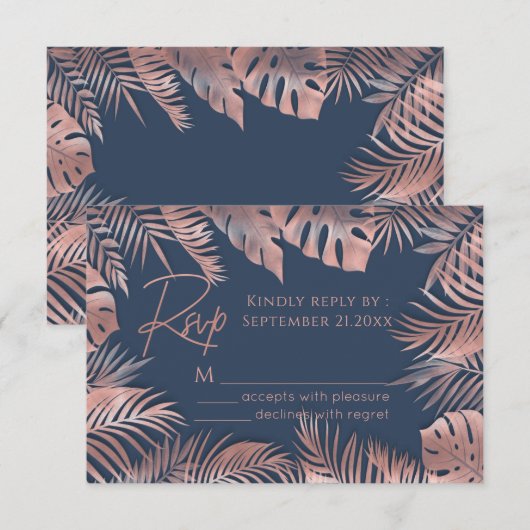 Navy blue roos Gold folie tropische bladeren roman RSVP Kaartje (Voorkant / Achterkant)