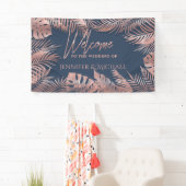 Navy blue roos Gold folie tropische bladeren roman Spandoek (Insitu)