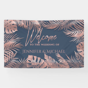 Navy blue roos Gold folie tropische bladeren roman Spandoek