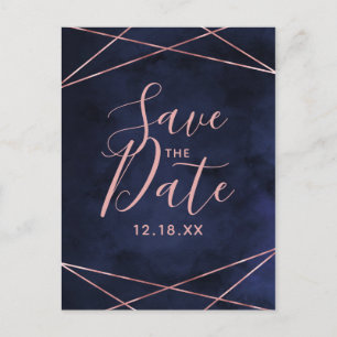 Navy Blue & Roos Gold Geometric Save the Date Aankondigingskaart