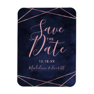 Navy Blue & Roos Gold Geometric Save the Date Magneet