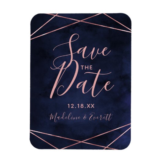 Navy Blue & Roos Gold Geometric Save the Date Magneet (Verticaal)