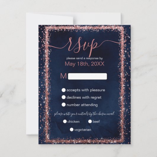 Navy Blue Roos Gold-geprinte Confetti bruiloft RSVP Kaartje (Voorkant)
