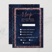 Navy Blue Roos Gold-geprinte Confetti bruiloft RSVP Kaartje (Voorkant / Achterkant)