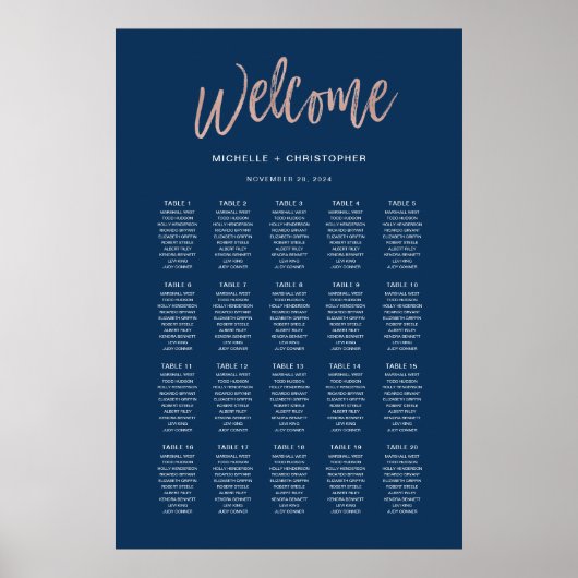 Navy Blue & Roos Gold Glam Chic Seating Chart Poster (Voorkant)