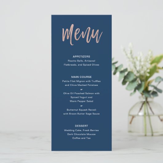 Navy Blue & Roos Gold glam Chic Wedding Menu (Staand voorkant)