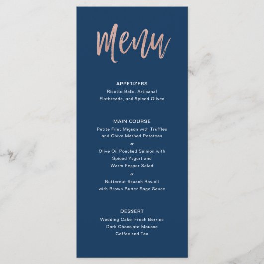 Navy Blue & Roos Gold glam Chic Wedding Menu (Voorkant)